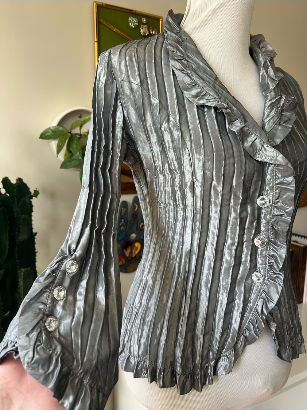 Y2K MSK Silver Accordion pleated Button Down Dressy Blouse Size Small